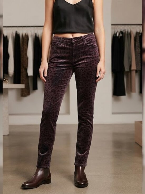 Liverpool Pants - Plum Slim Straight Animal Print Velvet Pants